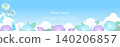 A refreshing summer blue sky frame with purple morning glories and wind chimes swaying against a blue background, suitable for web banners. 140206857
