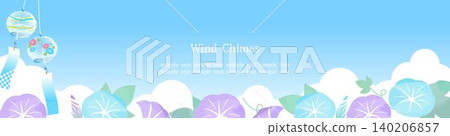 A refreshing summer blue sky frame with purple morning glories and wind chimes swaying against a blue background, suitable for web banners. A refreshing summer blue sky frame with purple morning glories and wind chimes swaying against a blue background, suitable for web banners. 140206857