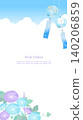 A refreshing summer blue sky frame with purple morning glories and wind chimes swaying against a white background, vertical 16:9 aspect ratio. 140206859