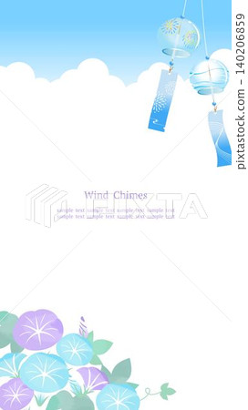 A refreshing summer blue sky frame with purple morning glories and wind chimes swaying against a white background, vertical 16:9 aspect ratio. A refreshing summer blue sky frame with purple morning glories and wind chimes swaying against a white background, vertical 16:9 aspect ratio. 140206859