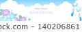 A refreshing summer blue sky frame with purple morning glories and wind chimes swaying against a white background, suitable for web banners. 140206861