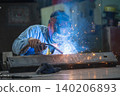 Welding action industrial workshop craftsmanship photography bright sparks close-up view metalwork techniques 140206893