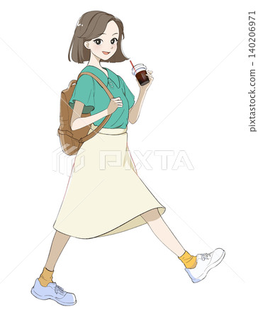 一個女人端著咖啡走路的插圖 一個女人端著咖啡走路的插圖 140206971
