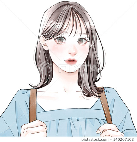 一名女子緊緊抓住背包的肩帶。 140207108