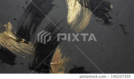 A modern Japanese background featuring striking vertical brushstrokes in gold and black on dark gray washi paper. A modern Japanese background featuring striking vertical brushstrokes in gold and black on dark gray washi paper. 140207305
