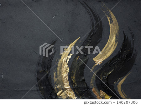 A modern Japanese background featuring striking vertical brushstrokes in gold and black on dark gray washi paper. A modern Japanese background featuring striking vertical brushstrokes in gold and black on dark gray washi paper. 140207306