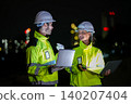 Nighttime collaboration engineers using technology industrial site photo urban environment close-up innovation 140207404
