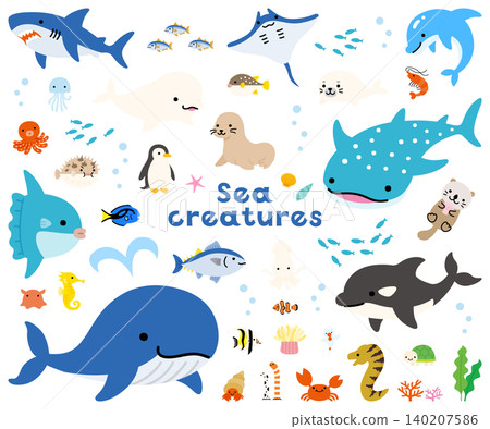 A set of cute and pop-style illustrations of sea creatures 140207586