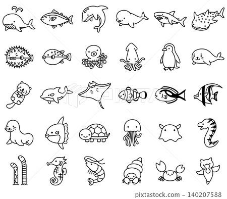 A set of cute and pop-style illustration icons of sea creatures (monochrome). A set of cute and pop-style illustration icons of sea creatures (monochrome). 140207588