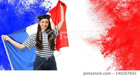 Young woman waves flag in vibrant space. Travel and vacation concept shines through 140207681
