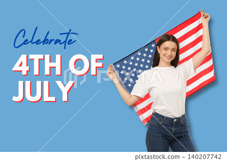 USA 250, Woman waves American flag. Patriotism and celebration concept USA 250, Woman waves American flag. Patriotism and celebration concept 140207742
