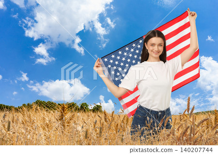 USA 250, Woman waves American flag in vibrant wheat field. Patriotism and freedom concept USA 250, Woman waves American flag in vibrant wheat field. Patriotism and freedom concept 140207744
