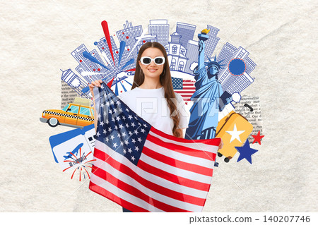 Young woman waves American flag proudly. USA 250 celebration and national pride concept Young woman waves American flag proudly. USA 250 celebration and national pride concept 140207746