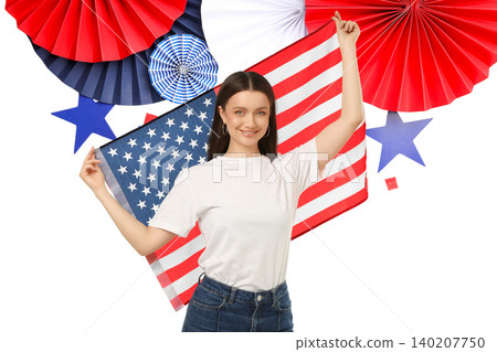 USA 250, Woman smiles proudly while waving American flag. Celebration and patriotism concept USA 250, Woman smiles proudly while waving American flag. Celebration and patriotism concept 140207750