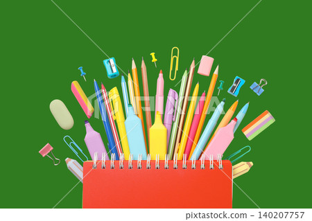 Brightly colored stationery items arranged around a notebook Brightly colored stationery items arranged around a notebook 140207757