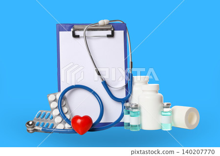 Stethoscope and medical supplies arranged for healthcare practice 140207770