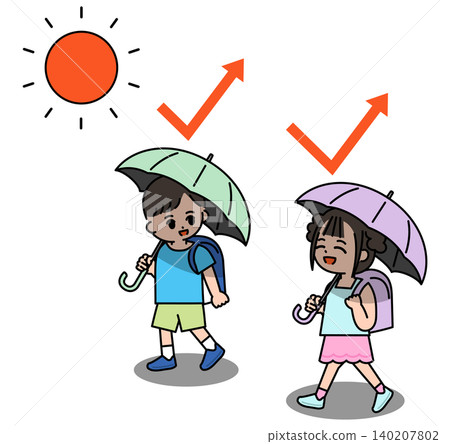 Children walking to school with parasols. Children walking to school with parasols. 140207802