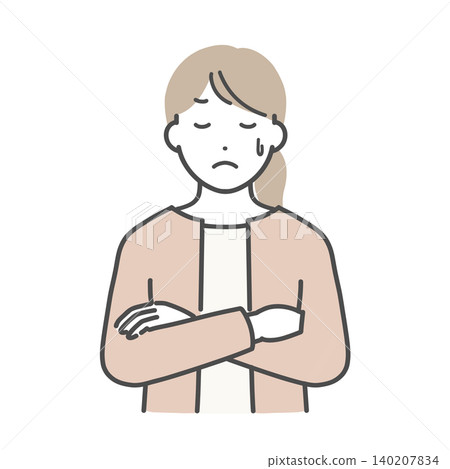 一位年輕女子雙手交叉，正在思考。 140207834