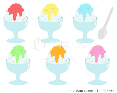 A set of colorful illustrations of shaved ice in various flavors. 140207868