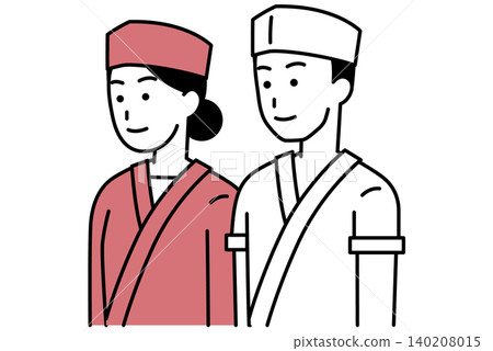 日本餐廳的一男一女兩名員工,面向前方。 日本餐廳的一男一女兩名員工,面向前方。 140208015