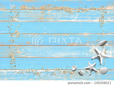 A blue wooden deck with coral sand and starfish evokes the image of a summer sea. A blue wooden deck with coral sand and starfish evokes the image of a summer sea. 140208021