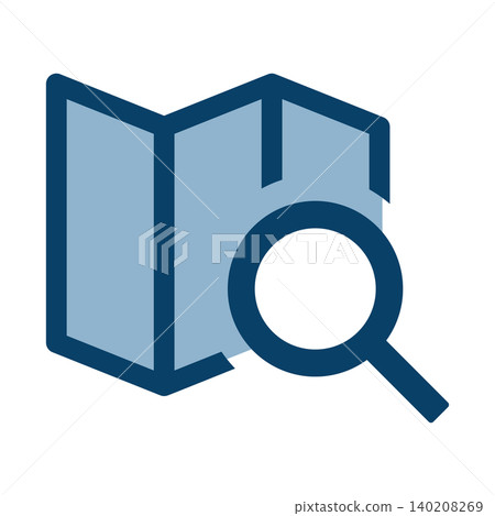 A map and magnifying glass icon representing route and location search. A map and magnifying glass icon representing route and location search. 140208269