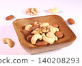 Mixed nuts in a bowl with nuts scattered around. 140208293