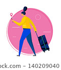 Female Traveler Character Walking with Suitcase and Smartphone Navigation 140209040