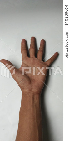 Close-up photo of a human hand with fingers separated, placed on a clean white background. Close-up photo of a human hand with fingers separated, placed on a clean white background. 140209054