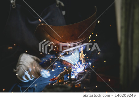 A scene of a welder wearing a welding mask welding metal that has been held in place by clamps. 140209249
