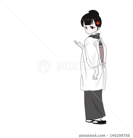 一位身穿傳統日式圍裙的女子轉身帶領大家參觀。 一位身穿傳統日式圍裙的女子轉身帶領大家參觀。 140209788