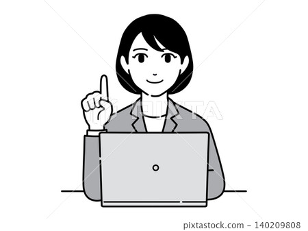身穿西裝的年輕女子,應該是位上班族,正在電腦前指著什麼東西進行講解。 (正面視角) 身穿西裝的年輕女子,應該是位上班族,正在電腦前指著什麼東西進行講解。 (正面視角) 140209808
