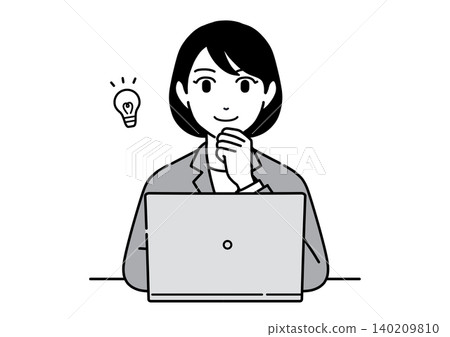 A young woman in a suit, an office worker, with her hand on her chin, is shown in front of a computer screen, looking in the mirror. A young woman in a suit, an office worker, with her hand on her chin, is shown in front of a computer screen, looking in the mirror. 140209810