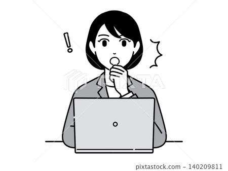 A young woman in a suit, an office worker, is shown in front of her computer, with her hand on her chin in surprise. (Front view) A young woman in a suit, an office worker, is shown in front of her computer, with her hand on her chin in surprise. (Front view) 140209811