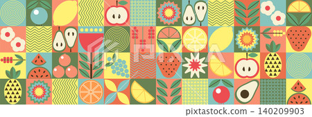 Bauhaus fruit and berry abstract. Geometric Fruits seamless pattern. Natural flower plant with simple shape, abstract eco farming concept. Vector minimal banner Bauhaus fruit and berry abstract. Geometric Fruits seamless pattern. Natural flower plant with simple shape, abstract eco farming concept. Vector minimal banner 140209903