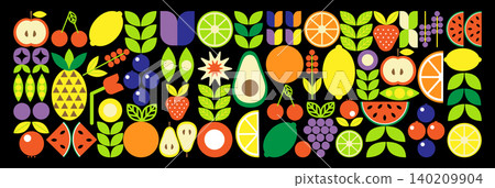Bauhaus fruit and berry abstract. Geometric Fruits pattern. Natural flower plant with simple shape, abstract eco farming concept. Vector minimal banner Bauhaus fruit and berry abstract. Geometric Fruits pattern. Natural flower plant with simple shape, abstract eco farming concept. Vector minimal banner 140209904