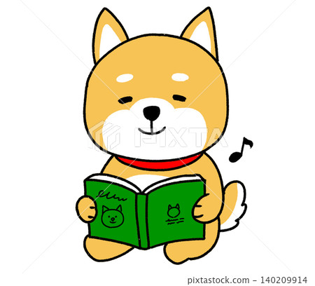 一隻柴犬呈跪姿端坐,正愉快地讀書。 一隻柴犬呈跪姿端坐,正愉快地讀書。 140209914