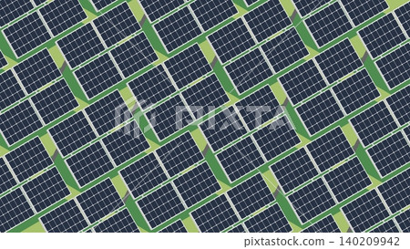 Solar panels with modern photovoltaic cells installed in rows in a field to generate electricity from the sun rays. 3D vector background 140209942