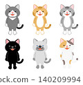 A set of cute cat character illustrations (6 types, full body) standing on two legs (vector) 140209994