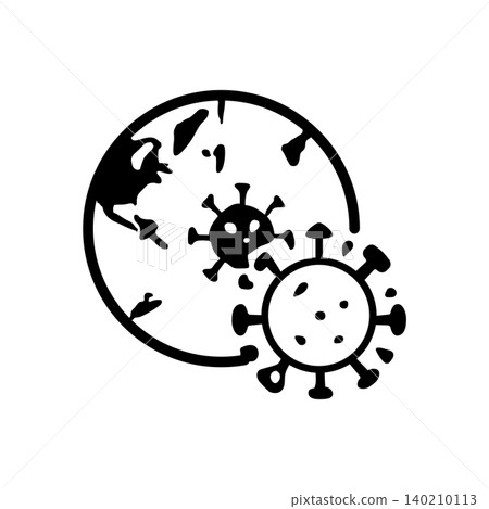 Planet Earth globe icon surrounded by viral cells indicating a global pandemic. Planet Earth globe icon surrounded by viral cells indicating a global pandemic. 140210113
