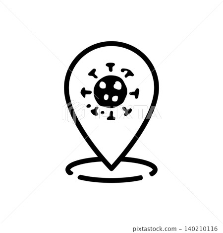 Map pin location icon enclosing a virus cell, marking an outbreak hotspot. 140210116