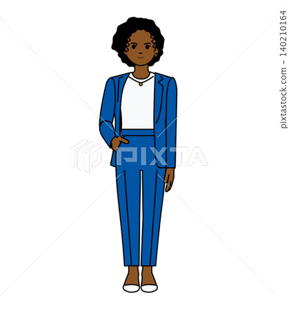 Full-body portrait of a Black businesswoman in a pantsuit, against a transparent background (illustration). Full-body portrait of a Black businesswoman in a pantsuit, against a transparent background (illustration). 140210164