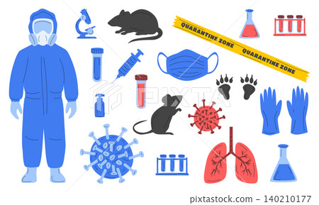 Hantavirus Awareness and Infection Prevention Vector Icon Set with Rodents, Protective Equipment and Laboratory Elements Hantavirus Awareness and Infection Prevention Vector Icon Set with Rodents, Protective Equipment and Laboratory Elements 140210177