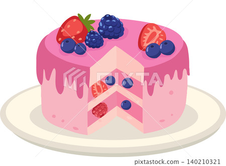 pink berry cake illustration with strawberry blueberry blackberry and raspberry on plate pink berry cake illustration with strawberry blueberry blackberry and raspberry on plate 140210321