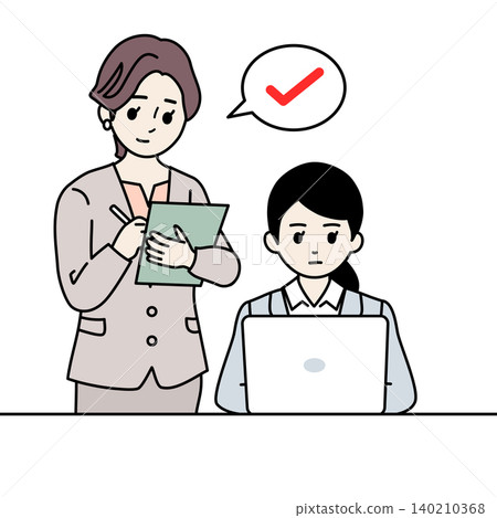 On-the-Job Training (OJT): Female senior employee evaluating female junior employee; training illustration. 140210368