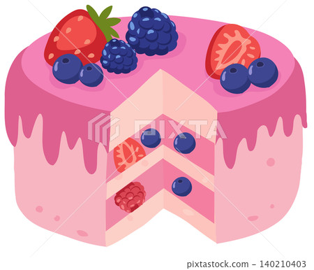 colorful cartoon fruit cake with sliced layers and fresh berry topping, created as a sweet dessert illustration for cafe branding, greeting cards, and food design colorful cartoon fruit cake with sliced layers and fresh berry topping, created as a sweet dessert illustration for cafe branding, greeting cards, and food design 140210403