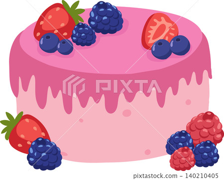 berry cake illustration with strawberry blueberry raspberry and pink frosting 140210405