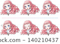 A pink-haired pharmacist making a phone call on her smartphone. A chibi-style character in the style of Japanese anime. Includes a set of 6 different facial expressions during the call. 140210437
