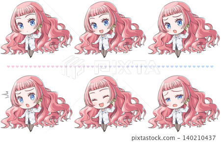 A pink-haired pharmacist making a phone call on her smartphone. A chibi-style character in the style of Japanese anime. Includes a set of 6 different facial expressions during the call. 140210437