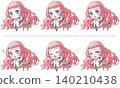 A pink-haired pharmacist holding a phone receiver and talking. A chibi character in the style of Japanese anime. A set of 6 different facial expressions during a call. 140210438